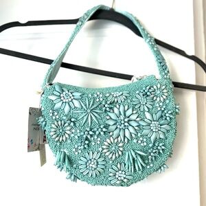 Embroidered Floral Beaded Mini Shoulder Bag in Aqua